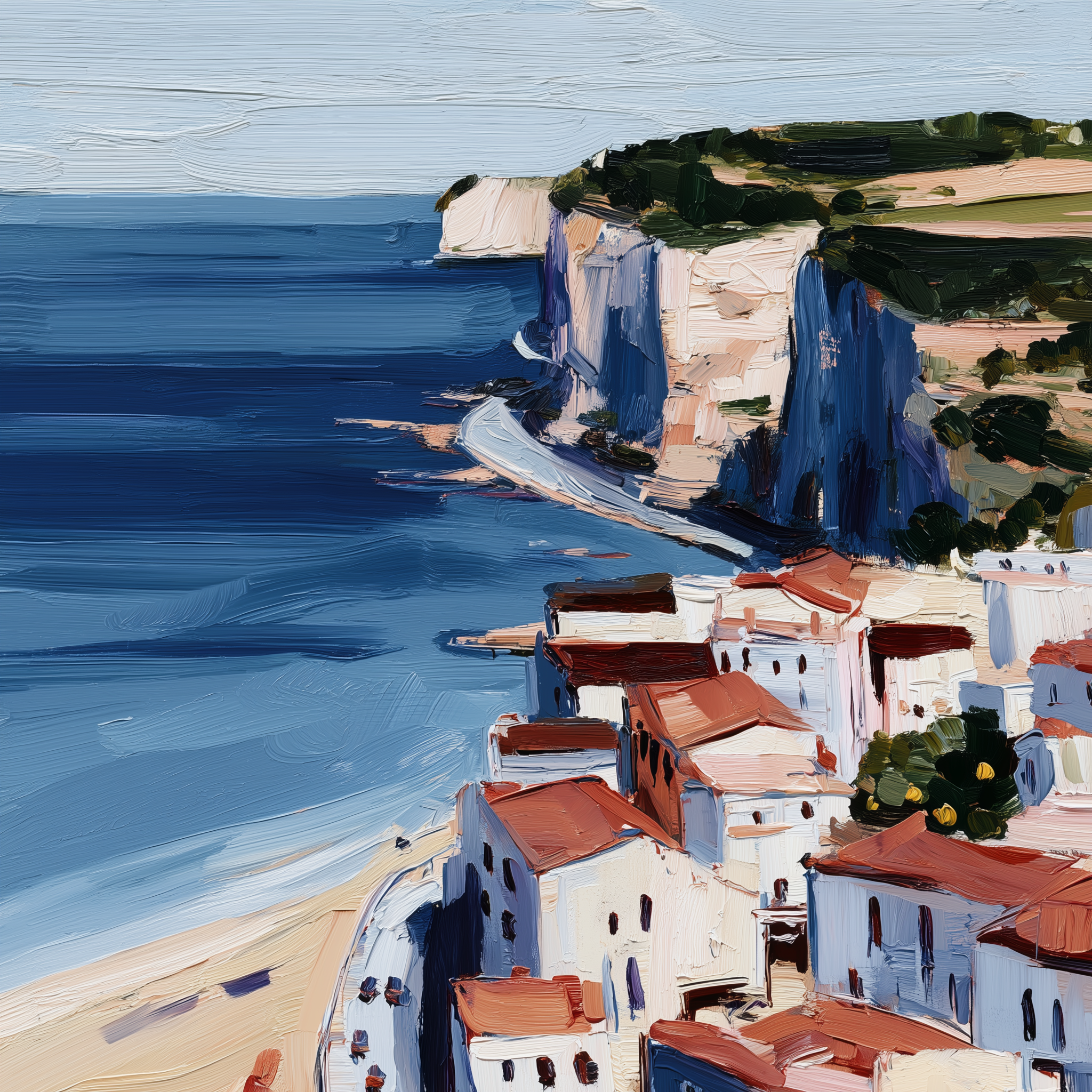 Artistic depiction of a coastal town with blue water and white buildings.