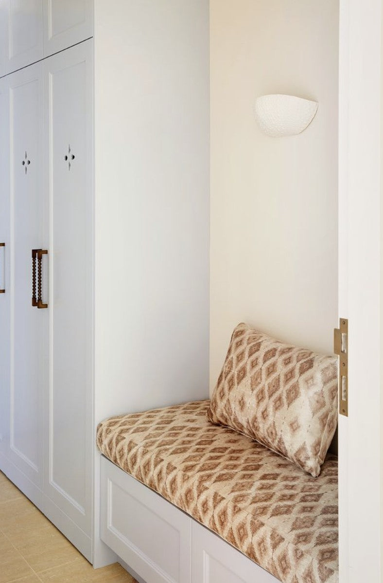 Maison Soleil bench nook upholstered in Molonglo Lichen with matching cushion