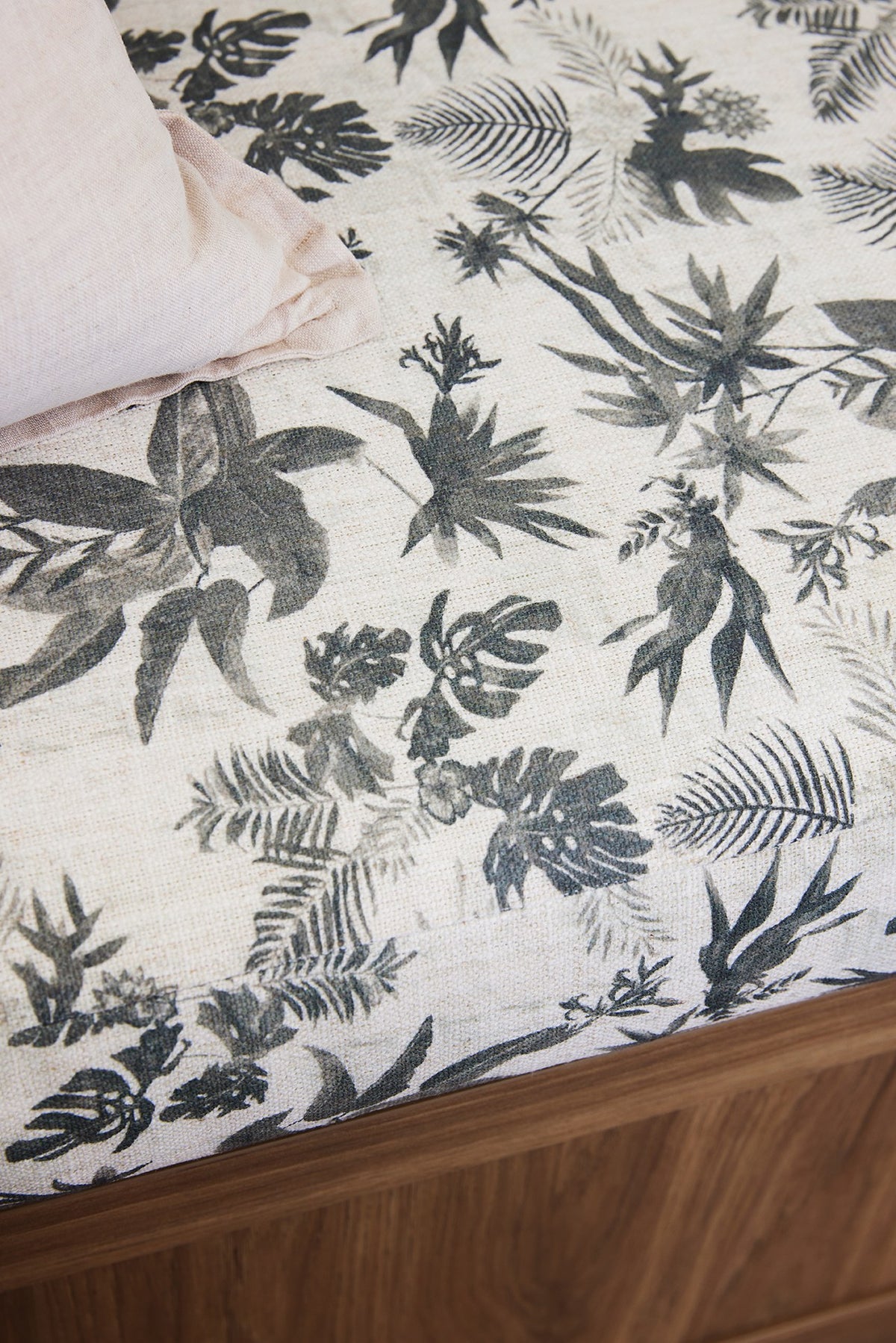 Boheme Paradise painterly palm print on natural linen, detail