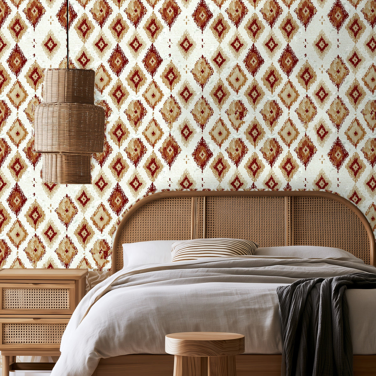 Molonglo Lichen wallpaper in Terracotta behind a rattan bed